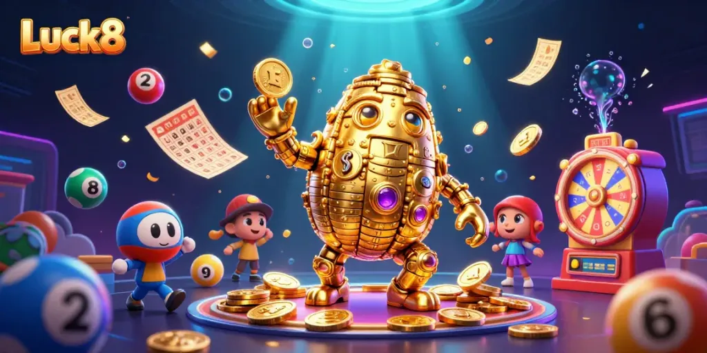 Engage with Luck8's golden golem amidst vibrant lottery elements and glowing effects, celebrating online casino excitement.