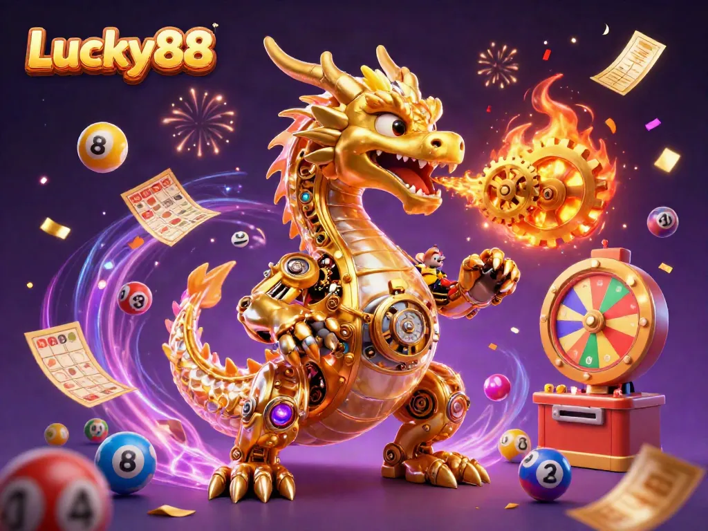 Lucky88 presents an ultra-detailed scene featuring a dragon and engineer amidst a dynamic carnival of gaming elements.