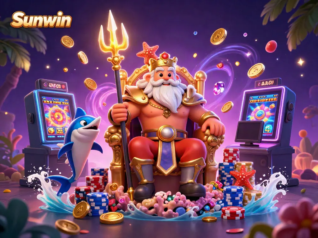 Win big with Sunwin's vibrant 3D casino illustration featuring Neptune and treasures.