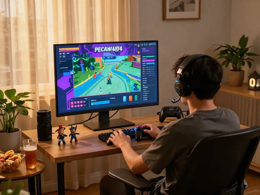 Engaging gamer immersed in PECAH404 gameplay, showcasing a cozy nostalgic gaming environment with colorful retro graphics.