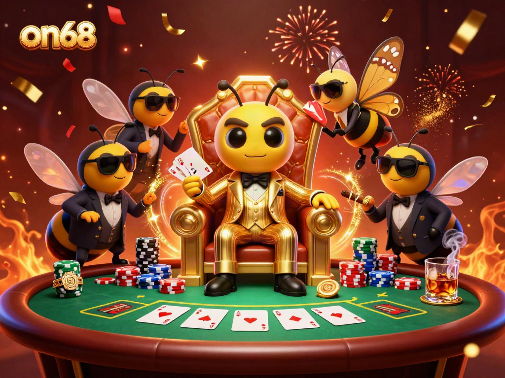 Experience exciting casino action with on68's vibrant 3D illustration featuring unique characters and elements.