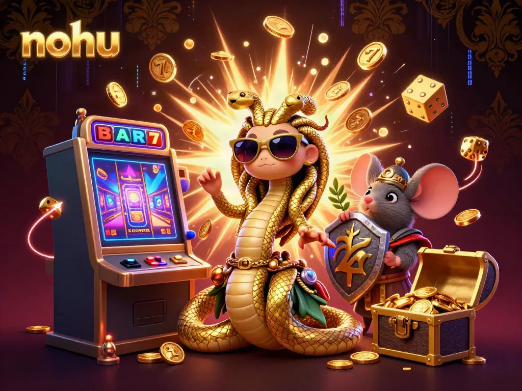 Nohu slot game reveals jackpot riches with friendly Medusa and warrior mouse in a vibrant 3D scene
