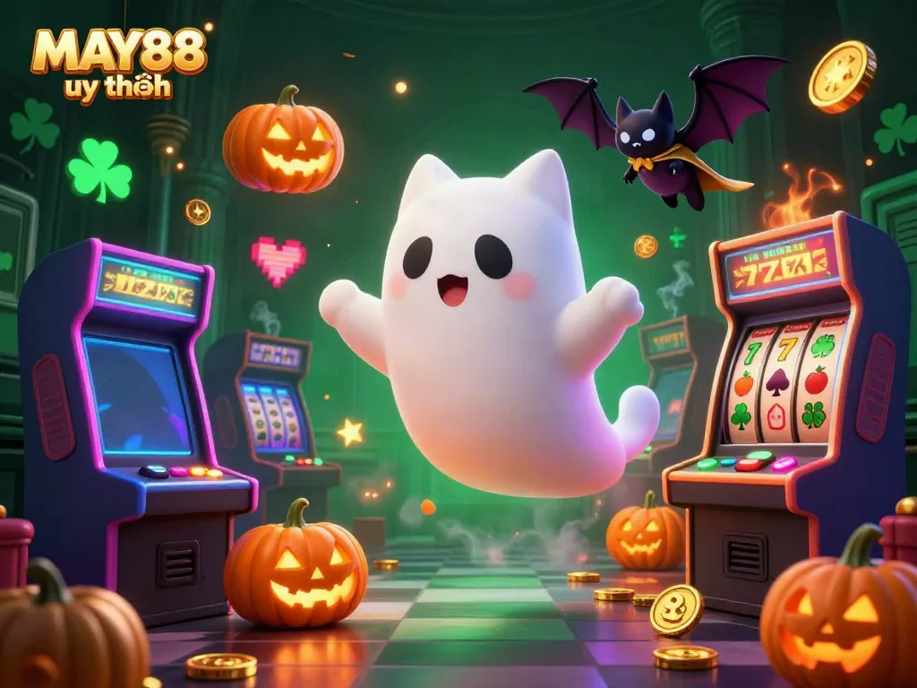 Engage with MAY88 uy tín in this vibrant haunted casino scene featuring a friendly ghost cat and vampire bat.