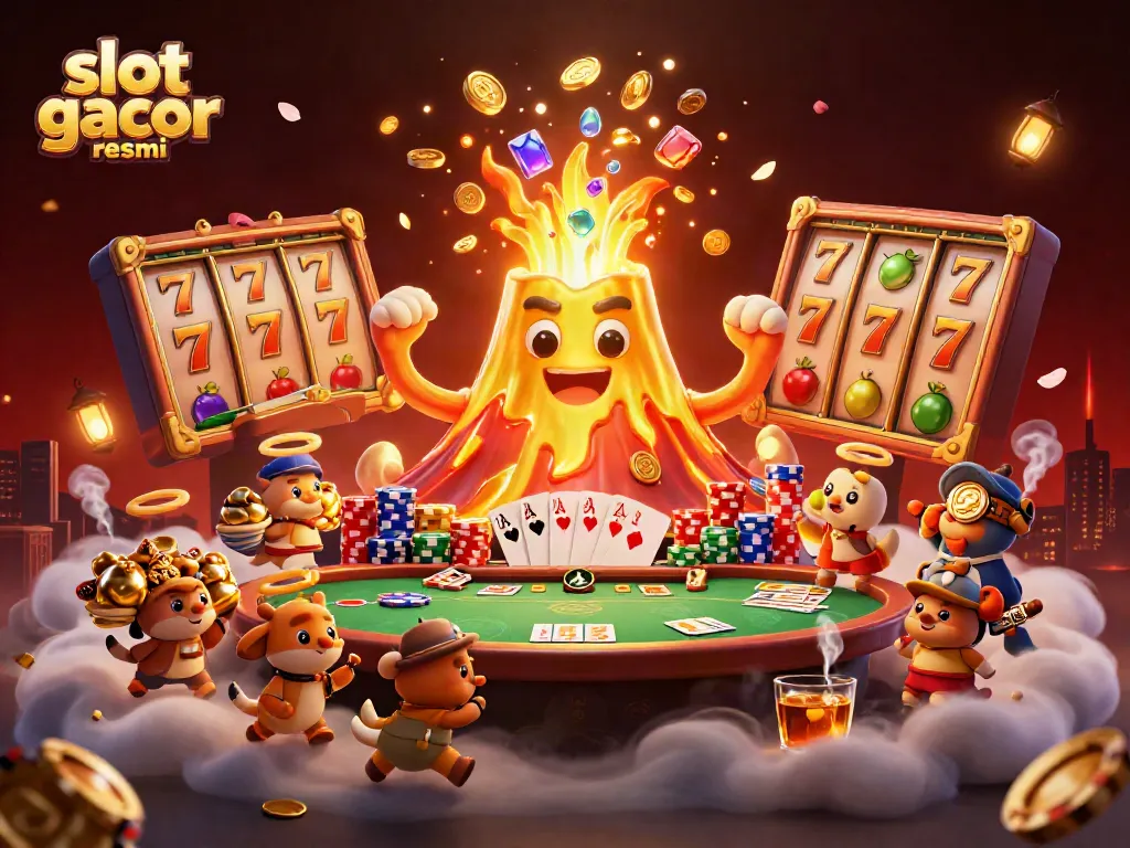 Experience the thrill of slot gacor resmi with a golden volcano and treasure-filled scene, showcasing dynamic casino elements.