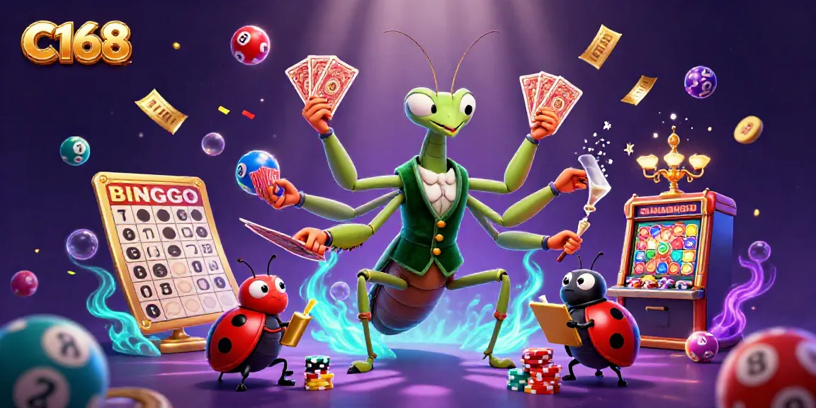 C168 showcases a lively casino scene with a giant mantis card sharp dealing and vibrant game elements.