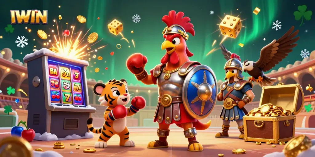Experience IWIN's electrifying casino adventure with a 3D gladiator rooster and a jackpot explosion.