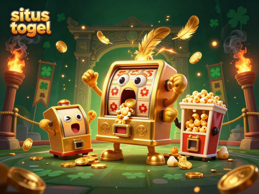Win big with situs togel at a vibrant online casino illustrated scene featuring golden slot machines.