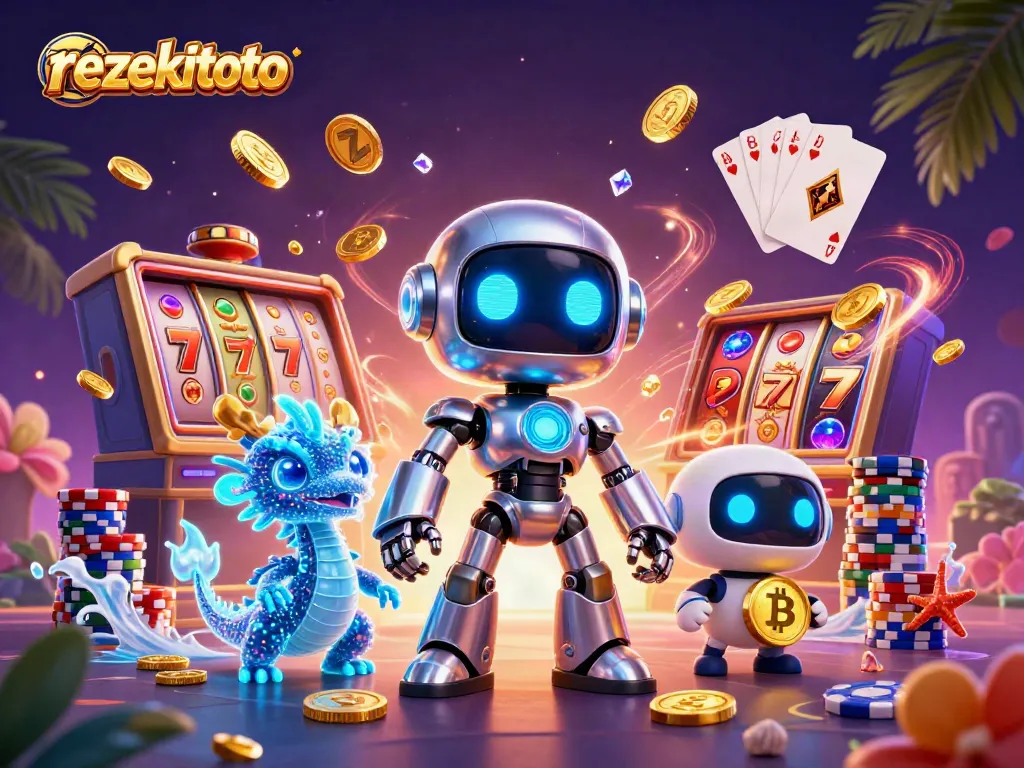 Engage with rezekitoto as a cyberpunk robot mascot and friends amidst dynamic casino excitement.