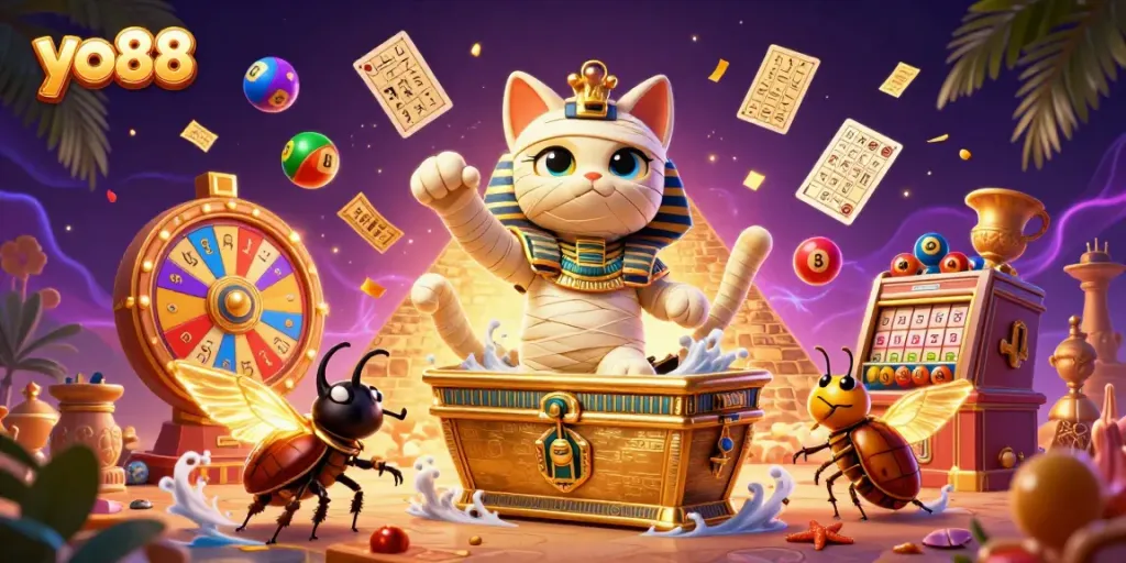 Play exciting games at yo88 with a vibrant 3D illustration of a mummy cat and dynamic casino elements.