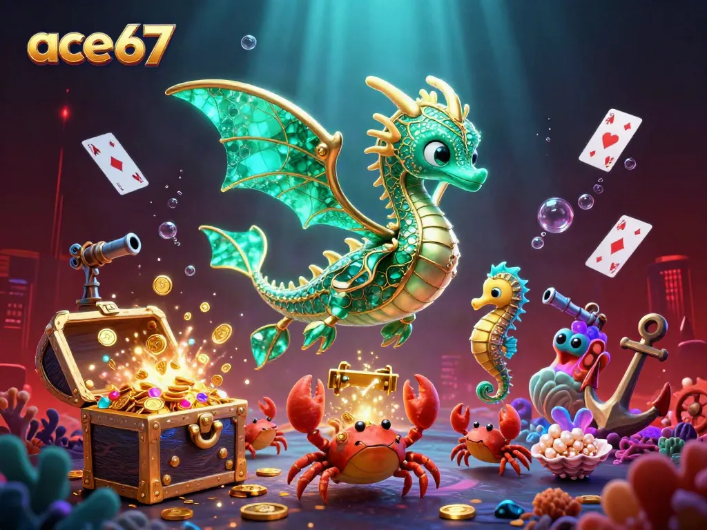 Experience thrilling gambling with ace67's vibrant underwater casino featuring a sea dragon and treasures.