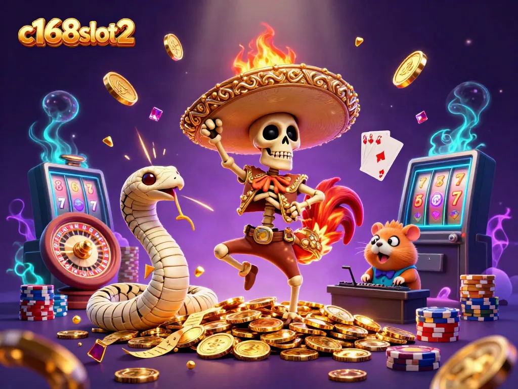 Engage with c168slot2 in a vibrant 3D casino scene filled with animated characters and exciting elements.