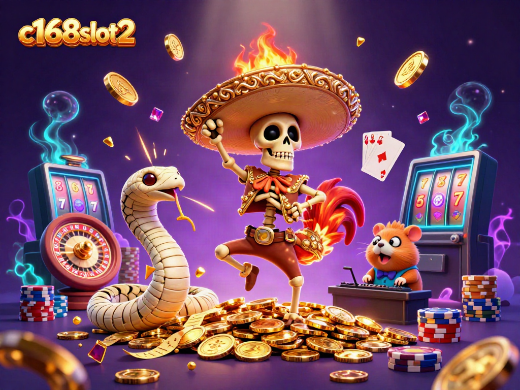 Engage with c168slot2 in a vibrant 3D casino scene filled with animated characters and exciting elements.