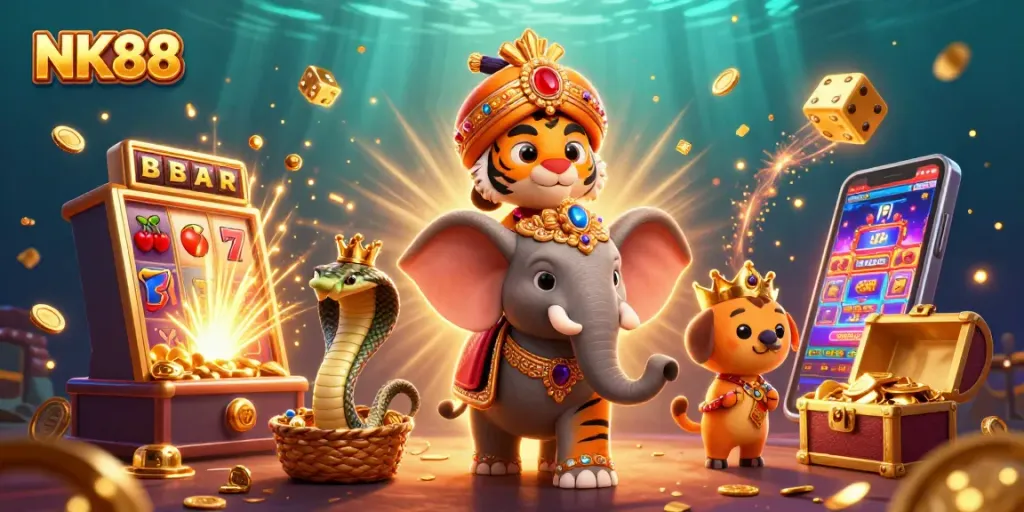 Spin to win big with NK88's vibrant casino-themed 3D illustration featuring epic slot machines.