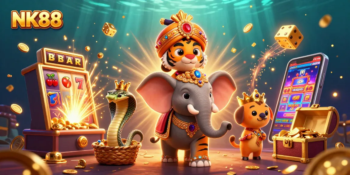 Spin to win big with NK88's vibrant casino-themed 3D illustration featuring epic slot machines.