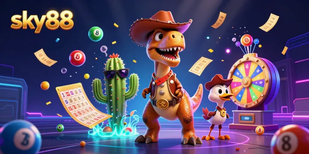 Engage in exciting gameplay with sky88’s vibrant 3D casino scene filled with lucky charms.