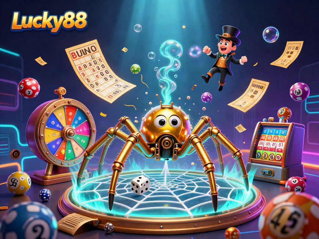 Lucky88 presents an engaging 3D scene with a steampunk spider and lottery elements capturing the essence of gaming excitement.