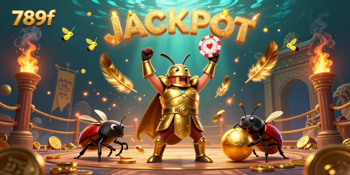 Experience the excitement of 789f as a 3D beetle lifts a poker chip in victory amidst dazzling casino elements.