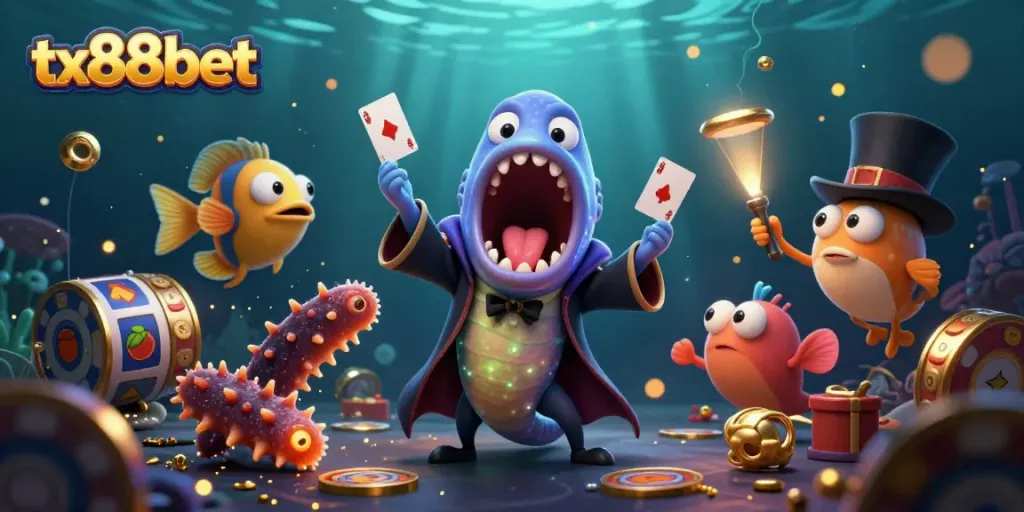 Experience the magic of tx88bet with a vibrant underwater casino scene filled with interactive gaming elements.
