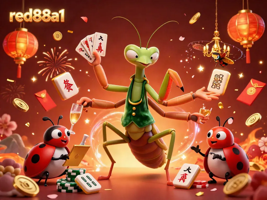 Engage with red88a1's vibrant casino scene showcasing a giant praying mantis card sharp and colorful game elements.
