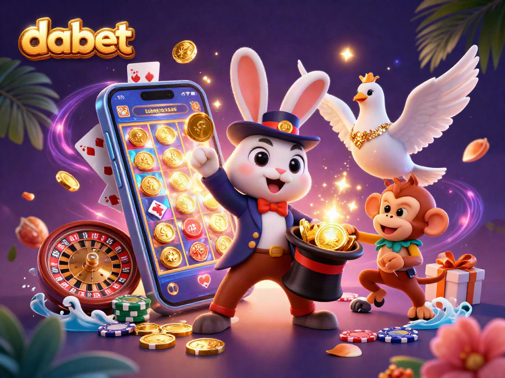Dabet invites players to enjoy slots and casino games with a magical rabbit and an assistant in a vibrant scene.