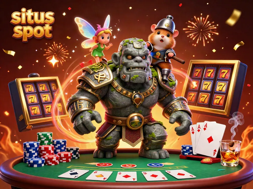 Experience excitement at situs slot with a golem guardian, fairy magic, and a hamster knight amidst vibrant gaming elements.