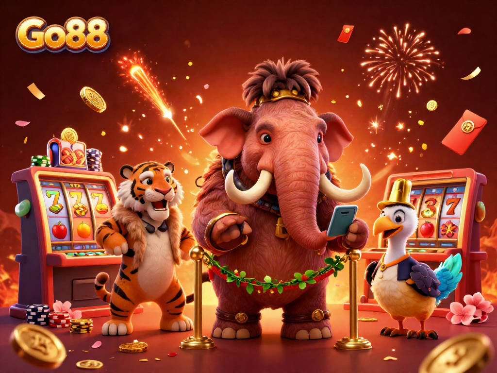 Experience the excitement of Go88 with a mammoth bouncer and vibrant slot game elements.