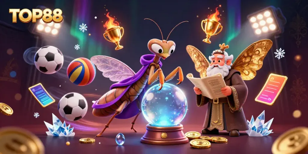 Experience TOP88's vibrant casino world with a fortune teller and wise moth in dynamic action.