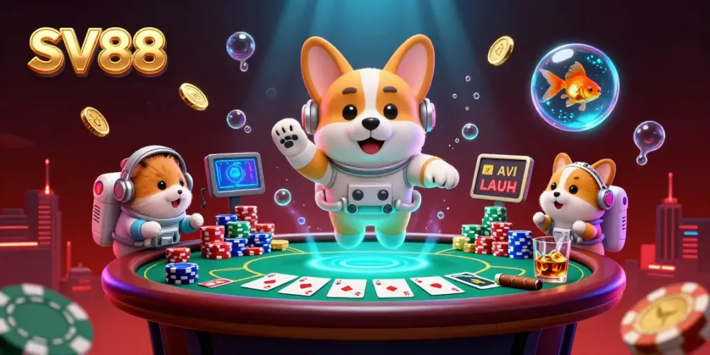 SV88 engages players in an exciting casino scene with a playful astronaut corgi and vibrant game elements.