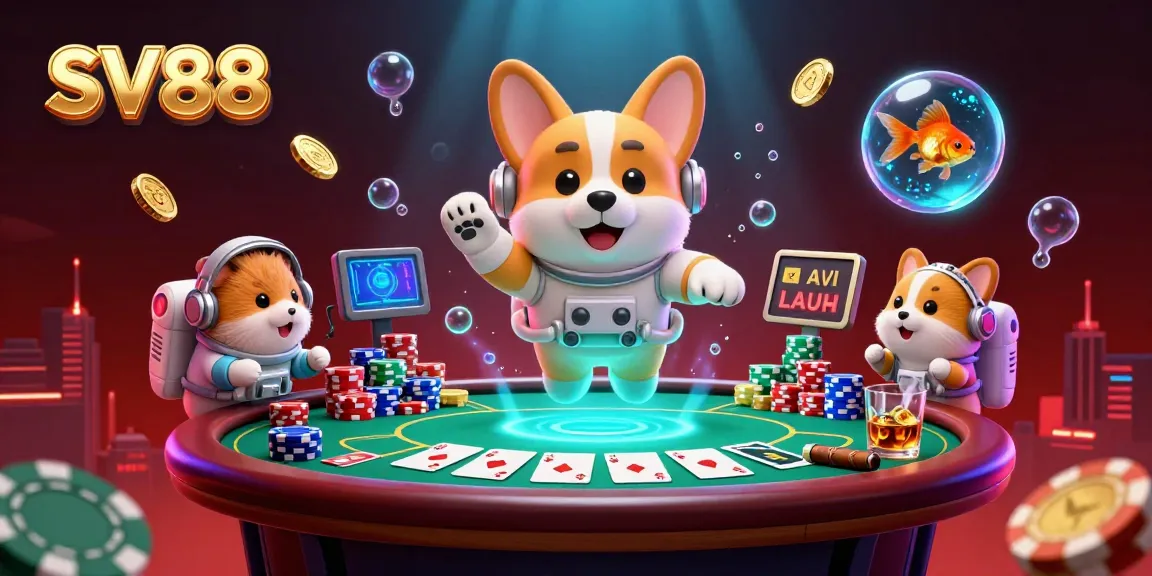 SV88 engages players in an exciting casino scene with a playful astronaut corgi and vibrant game elements.