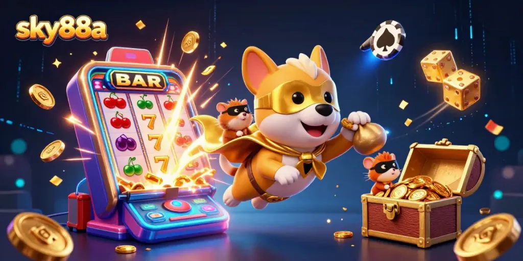 Experience thrilling gaming with sky88a, featuring a superhero dog and dynamic slot elements.