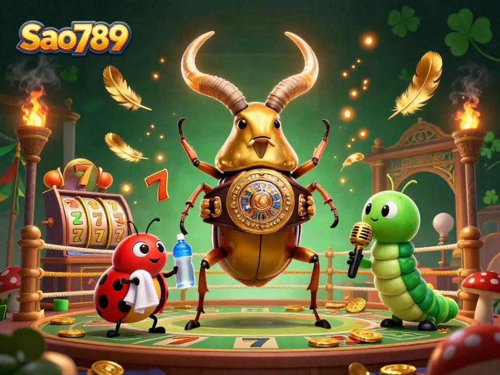 Sao789 showcases a casino scene with a giant golden stag beetle in a boxing pose, celebrating the thrill of gaming.