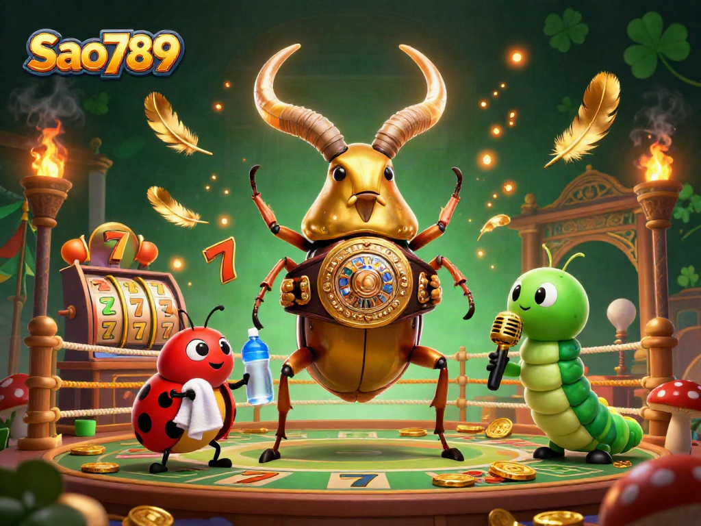 Sao789 showcases a casino scene with a giant golden stag beetle in a boxing pose, celebrating the thrill of gaming.