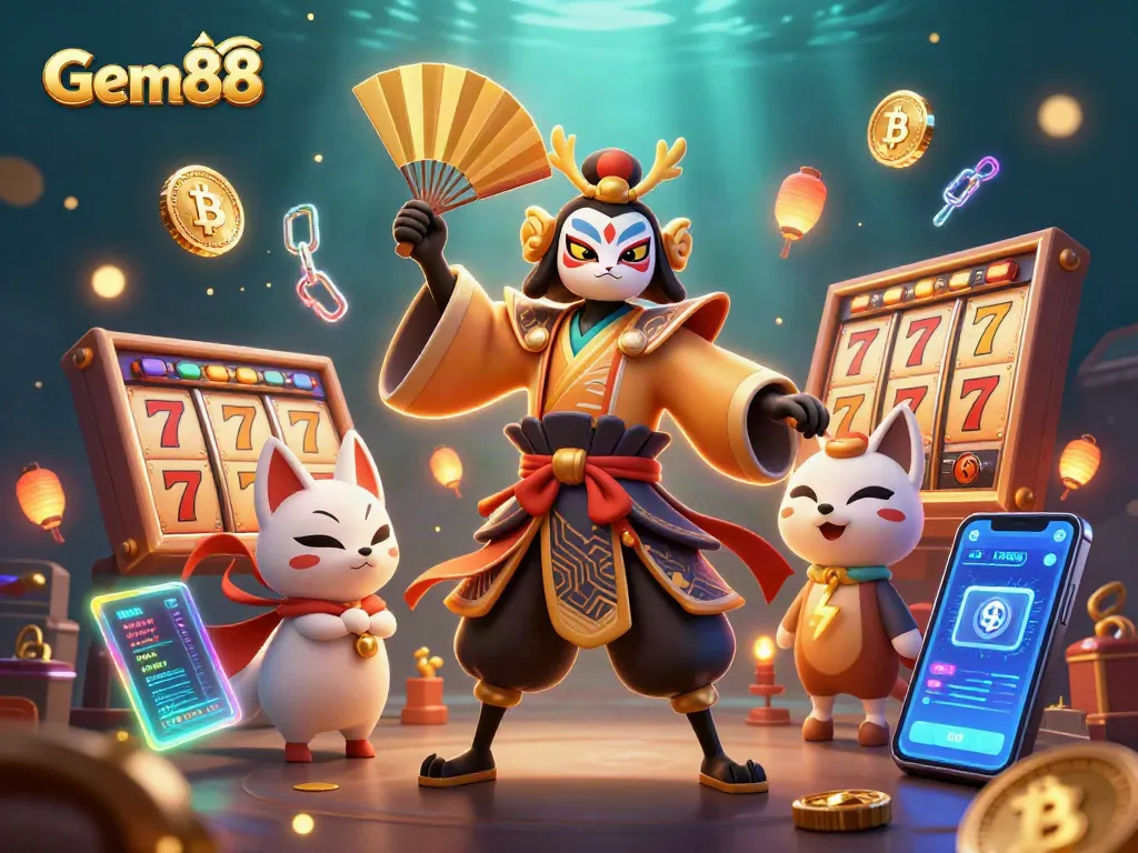 Experience Gem88's vibrant casino world with a kabuki warrior and slot elements.