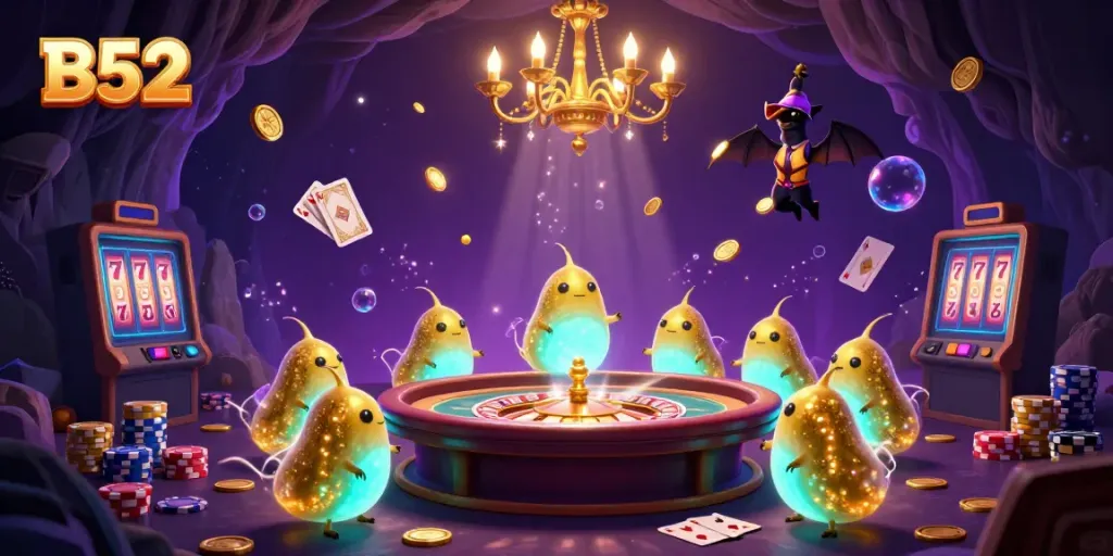 Join the B52 glowworms in a vibrant cave casino filled with bioluminescent tails, spinning roulette, and bright gems.