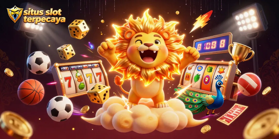 Situs slot terpercaya showcases vibrant game elements with a roaring lion mascot in a dazzling casino scene.