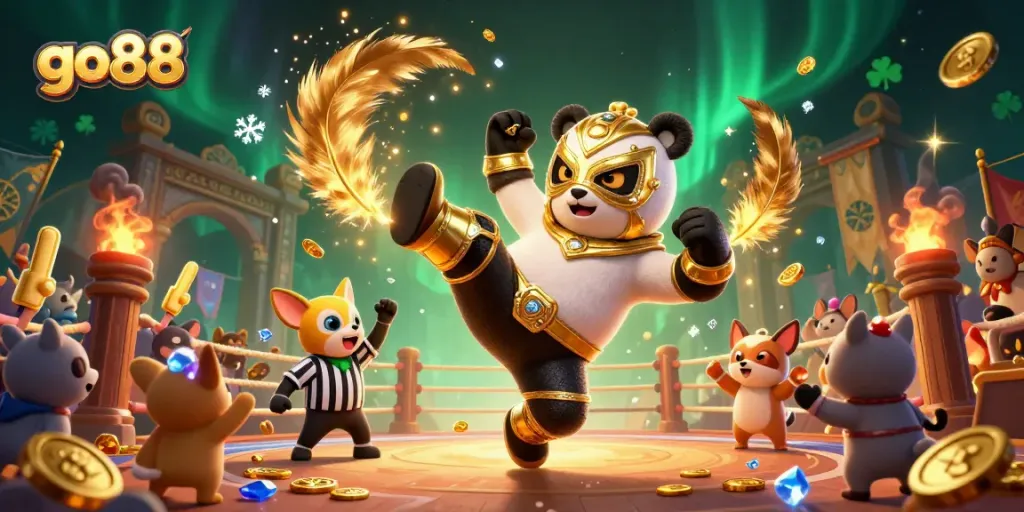 Experience the thrill of go88 with a dynamic scene of a panda wrestler kicking, surrounded by cheering animals.