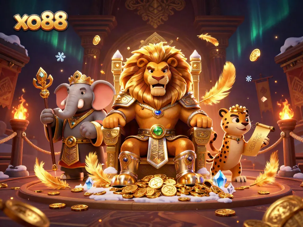 Engage with xo88's vibrant online betting scene surrounded by gold coins and charismatic characters.