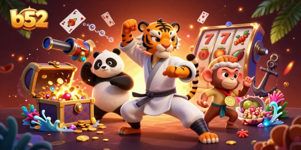 Experience the excitement of b52 gaming with kung fu tiger and panda warriors in a vibrant casino scene.