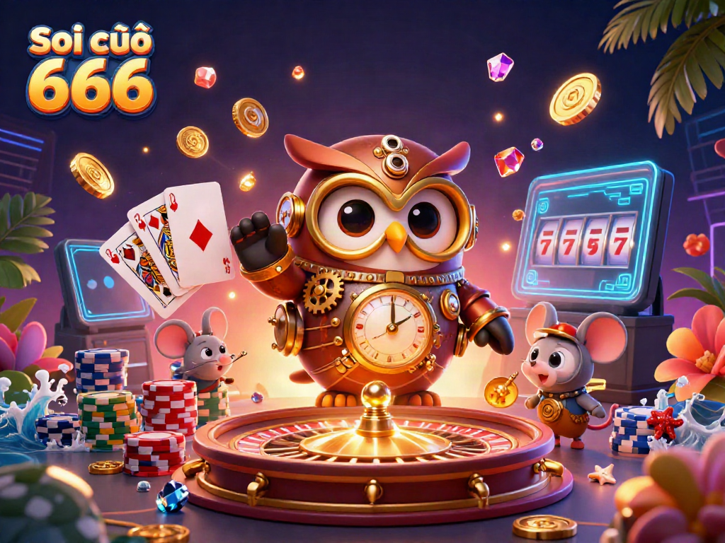 Engage with Soi cầu 666: A vibrant 3D illustration featuring a steampunk owl and casino elements, showcasing winning strategies.