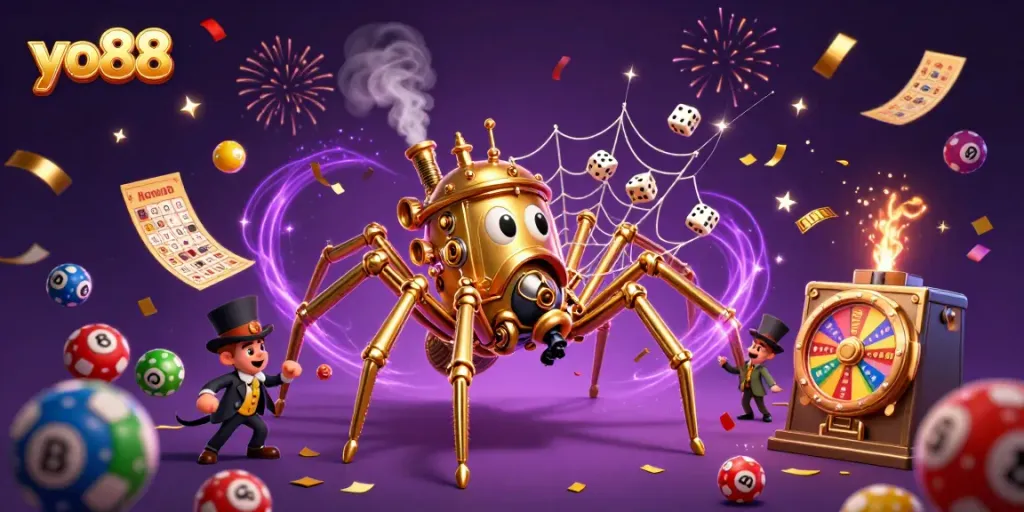 Engage with the exciting world of yo88, catching lucky lottery balls and vibrant casino elements in a steampunk-themed web.