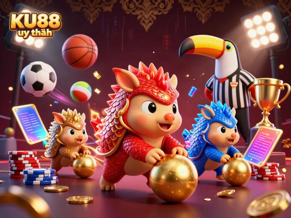 Engaging scene of KU88 uy tín with rival pangolins bowling through poker chips, showcasing casino excitement.