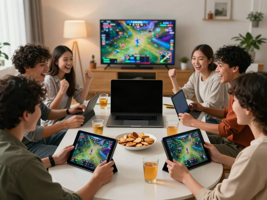 Engaged friends enjoying MAN88 online gaming experience in a lively living room setting.