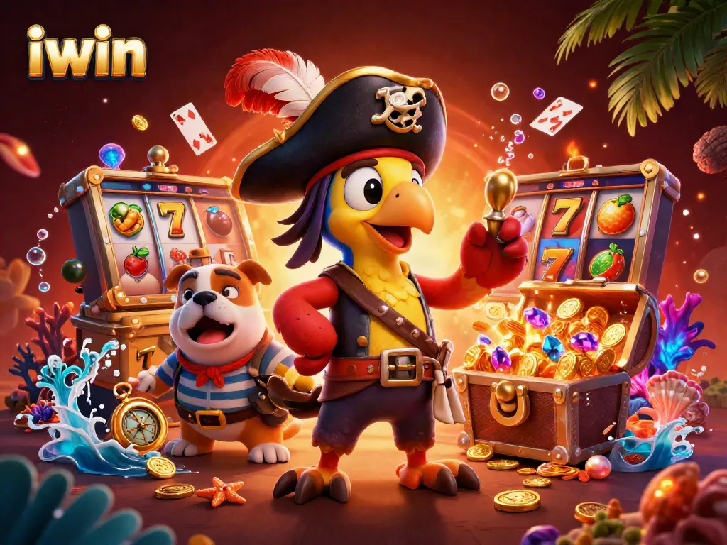Join the thrilling world of iwin with vibrant casino symbols and dynamic characters in an exciting illustration.
