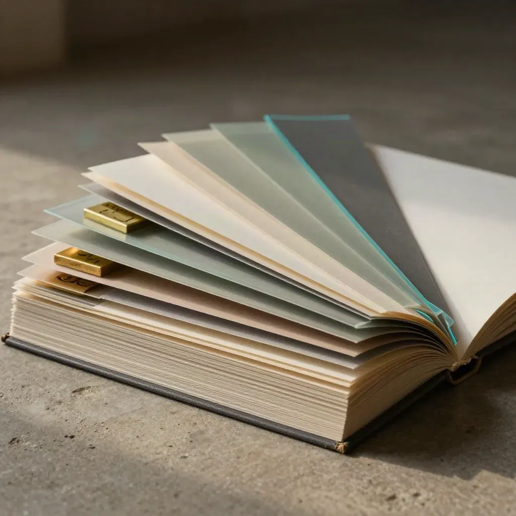 Otwarte portfolio z próbkami papieru, acetatem i mosiężnymi czcionkami w cyjanowym akcencie.