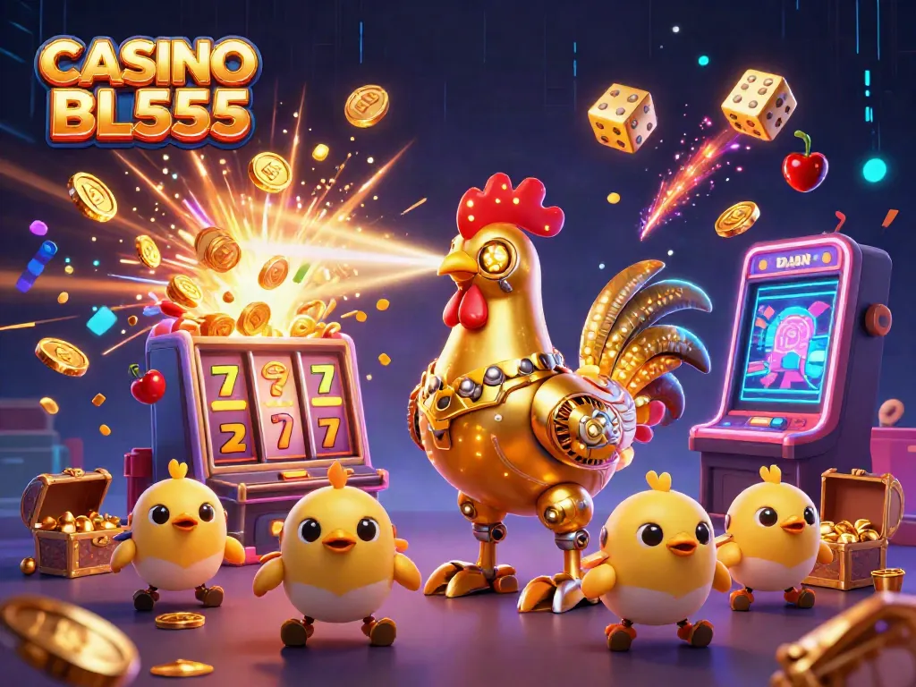 Experience the thrilling atmosphere of CASINO BL555 with vibrant gaming elements, a golden rooster robot, and jackpot excitement.