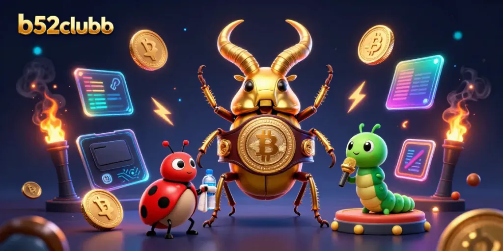 B52clubb showcases a thrilling 3D casino battle featuring a golden stag beetle champion and vibrant gambling elements.