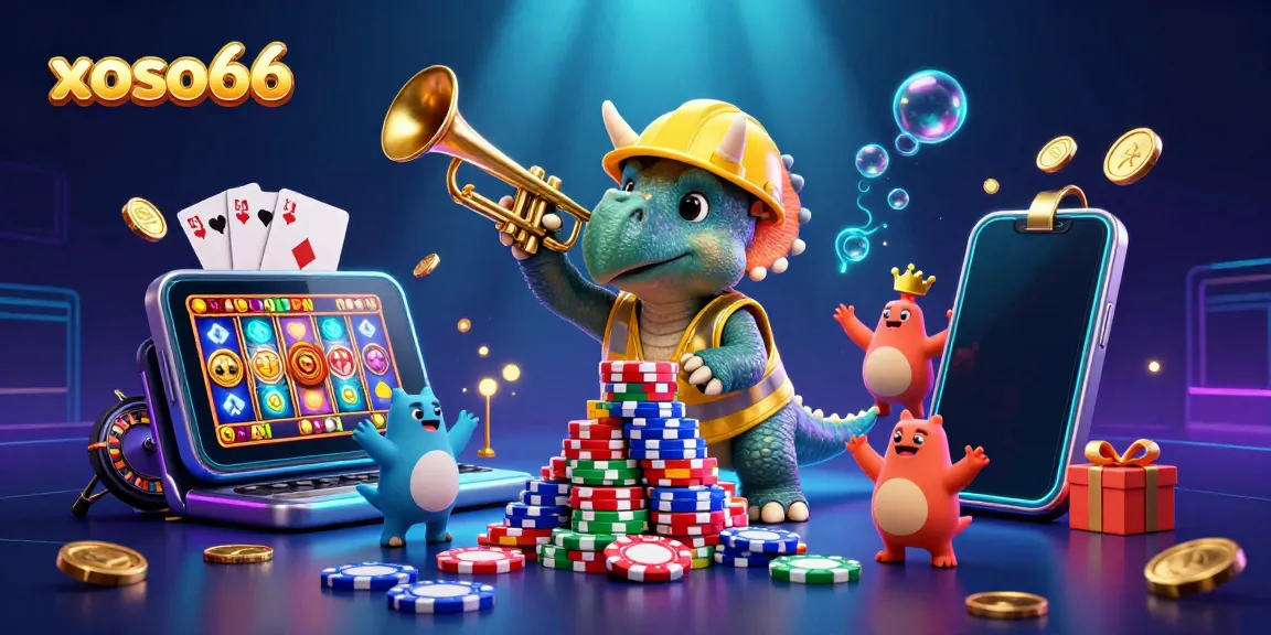 Join the excitement at xoso66 as a triceratops builds poker chips, celebrating wins in an immersive gaming scene.