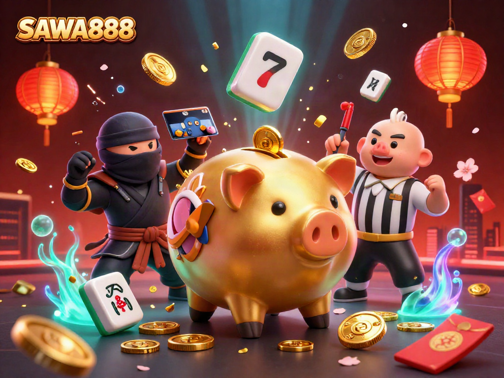 Engage with SAWA888 in a vibrant casino scene where a golden piggy bank wrestles coins amidst colorful gaming elements.