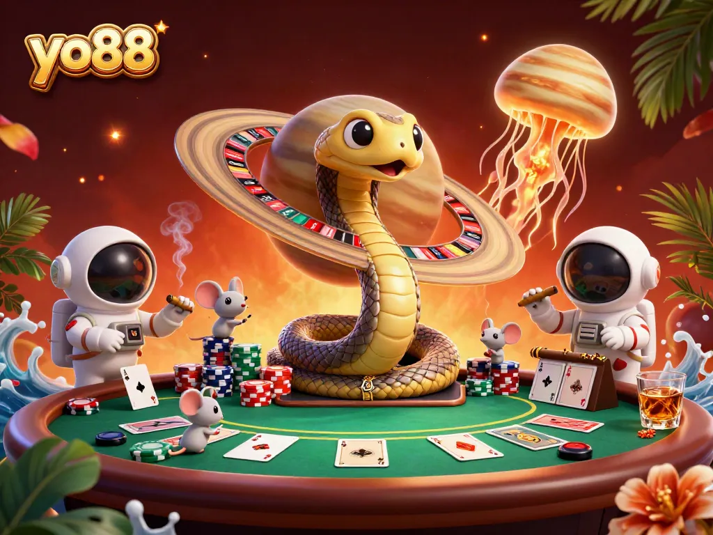 Experience the thrill of yo88 betting with a vibrant casino scene featuring astronauts and a cosmic dealer.