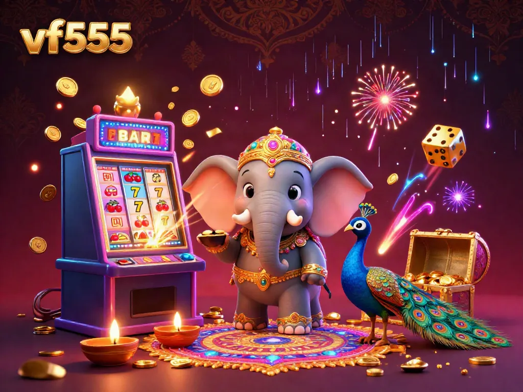 Experience the thrill of vf555 with a vibrant 3D illustration of gaming elements and characters celebrating a casino jackpot.